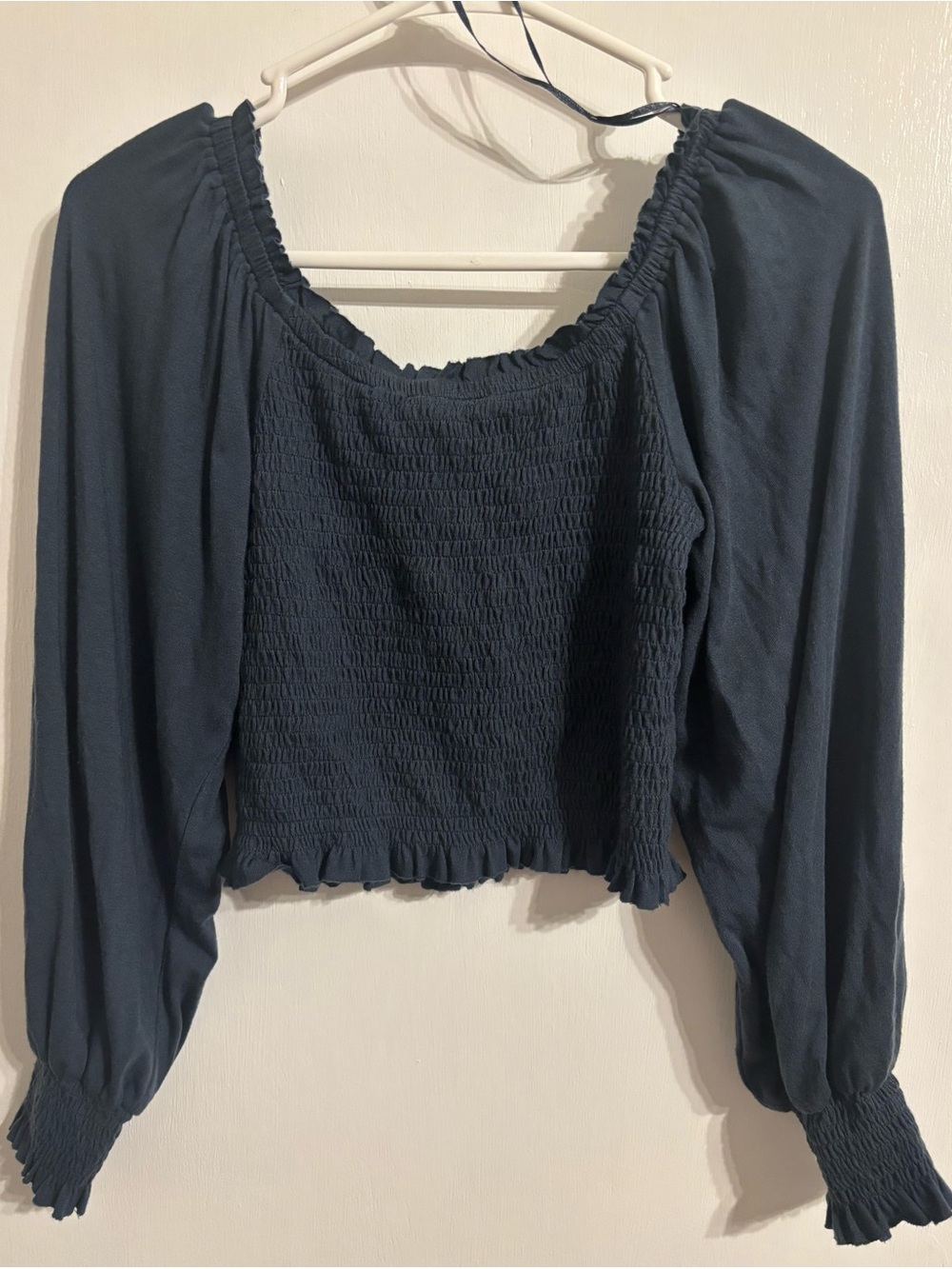 Hem and Thread Smocked Long-Sleeve Cropped Peasant Top - Navy